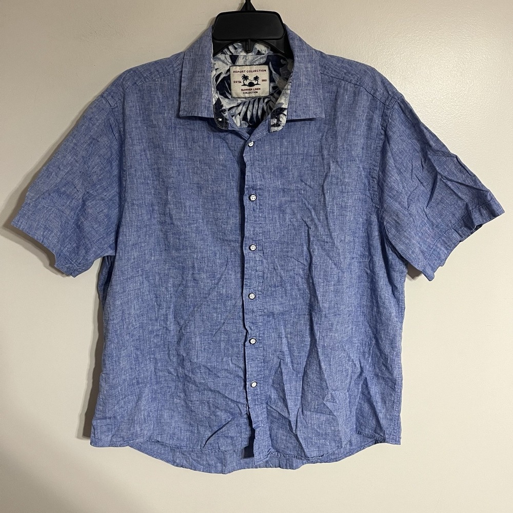 Report Collection Resort Linen Blend Short Sleeve Blue Button Down Shirt XL
